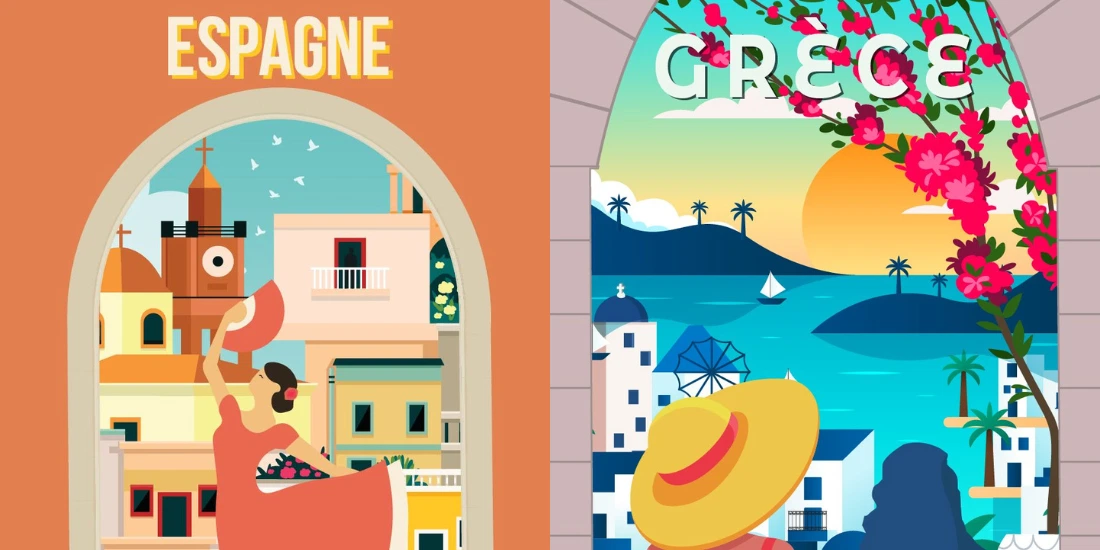 Illustration carte postale Espagne, Grèce