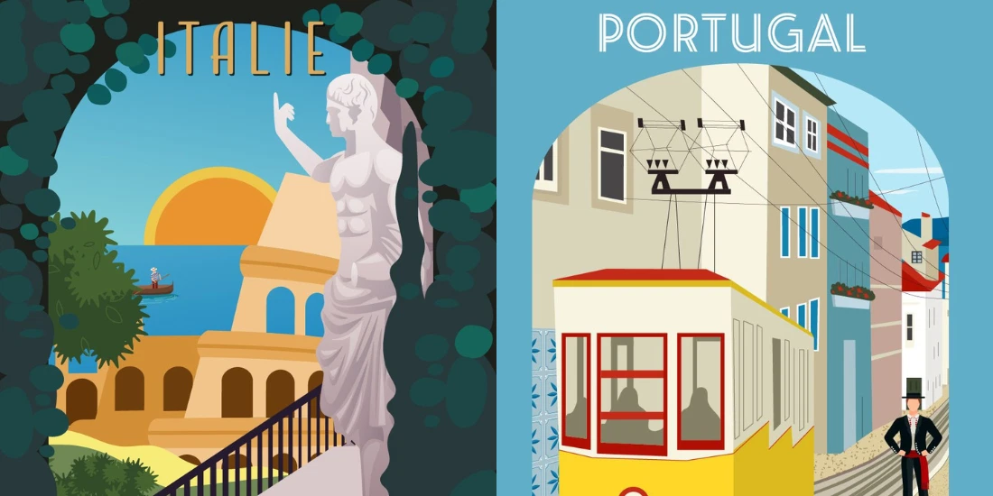 Illustration carte postale Italie, Portugal