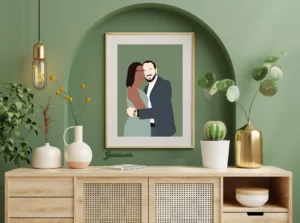 Couple illustré dans un cadre sur un mur vert dans un salon richement décoré.